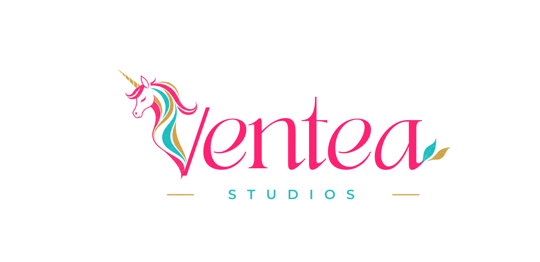 Ventea Studios — pink, turquoise and gold unicorn logo